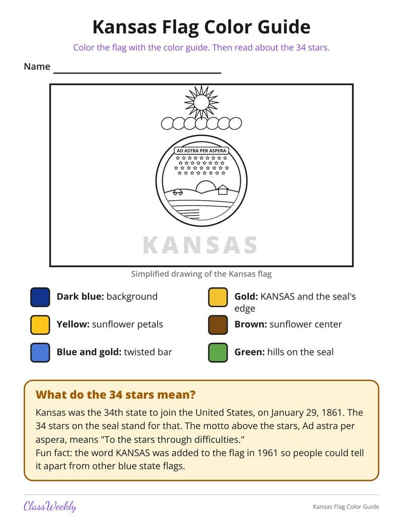 Kansas Flag Color Guide - 3rd Grade Coloring Pages printable preview