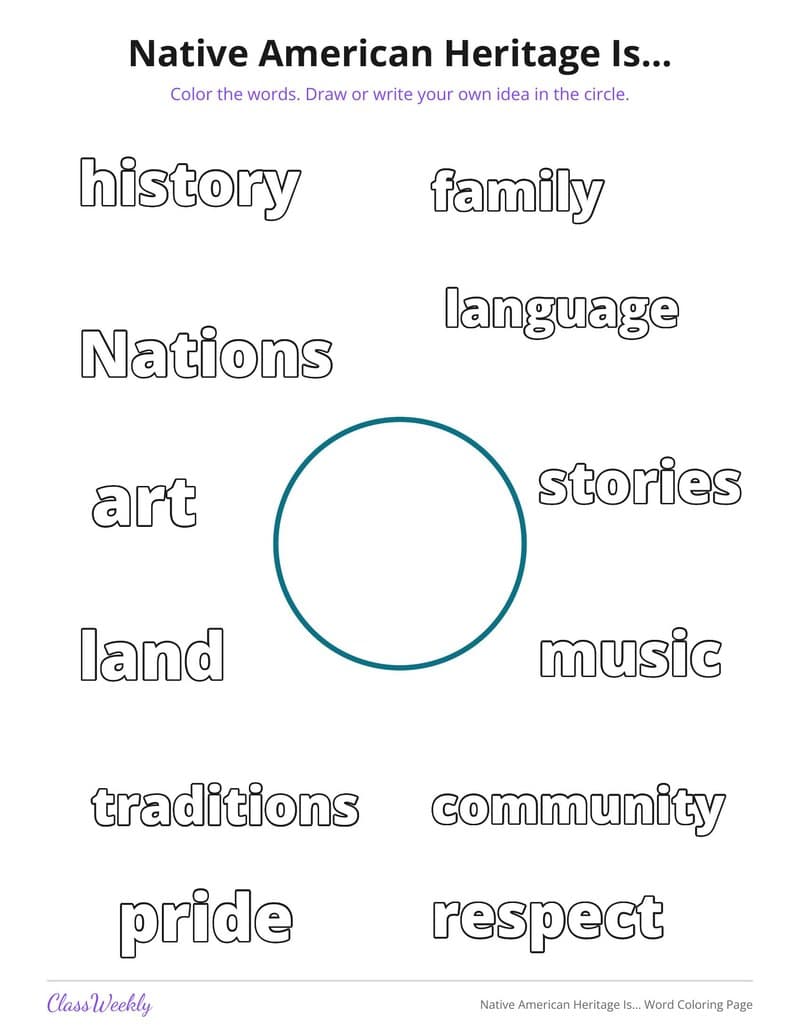 Native American Heritage Is... Word Coloring Page - 3rd Grade Coloring Pages printable preview