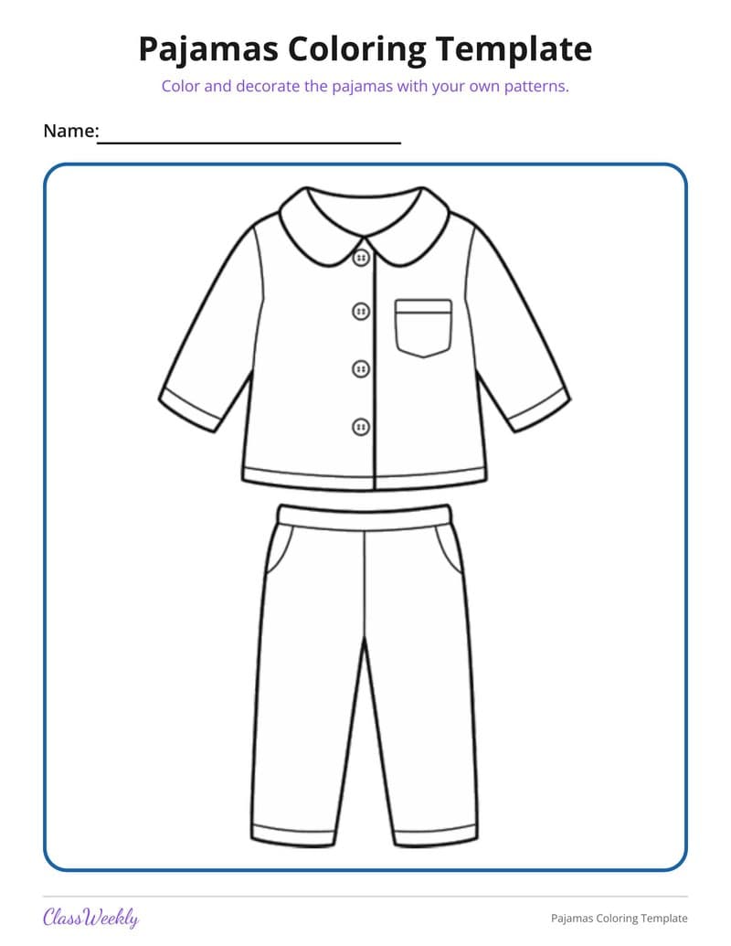 Pajamas Coloring Template - Kindergarten Coloring Pages printable preview