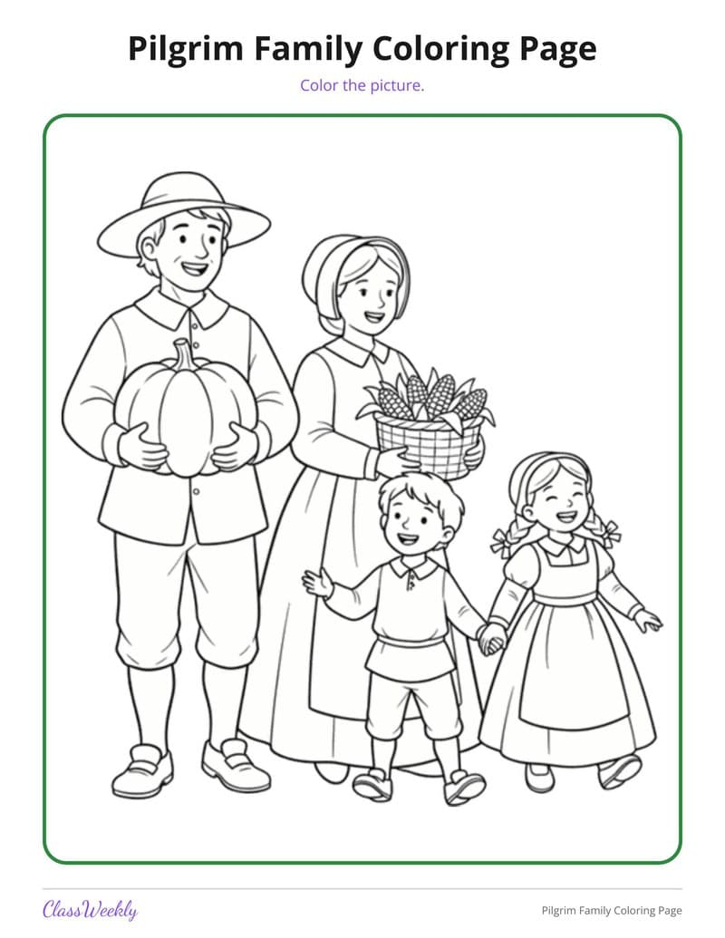 Pilgrim Family Coloring Page - Kindergarten Coloring Pages printable preview