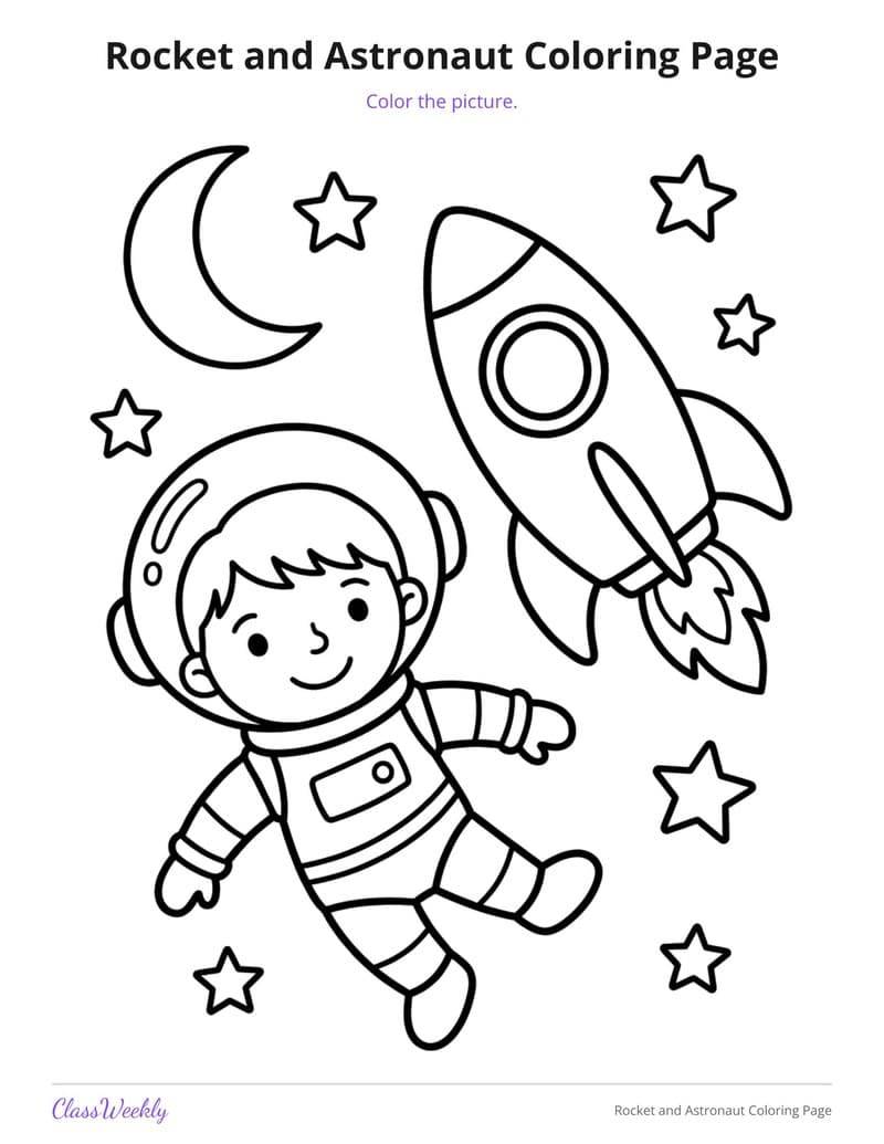 Rocket and Astronaut Coloring Page - Kindergarten Coloring Pages printable preview