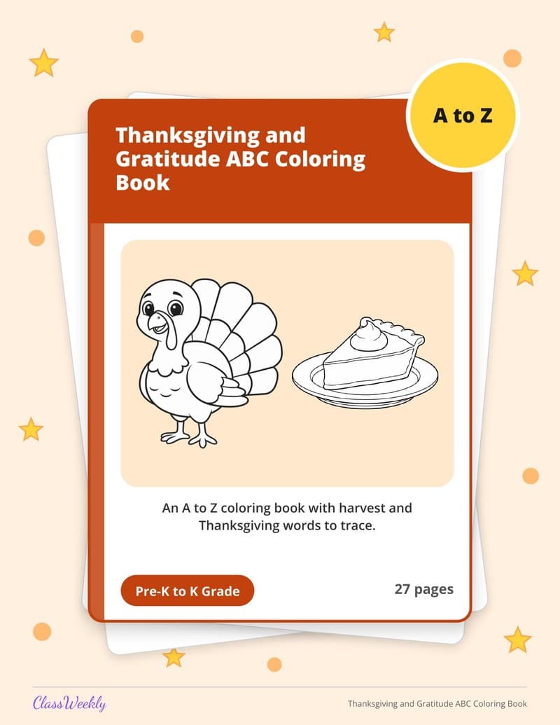 Thanksgiving and Gratitude ABC Coloring Book - Kindergarten Coloring Pages printable preview