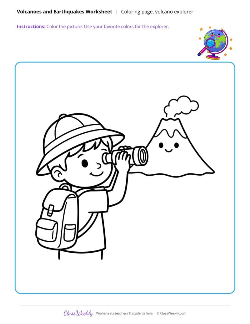 Volcano Explorer Coloring Page - Volcanoes & Earthquakes - Kindergarten Coloring Pages printable preview