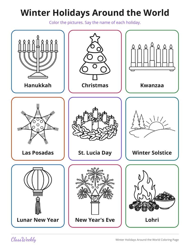 Winter Holidays Around the World Coloring Page - Kindergarten Coloring Pages printable preview