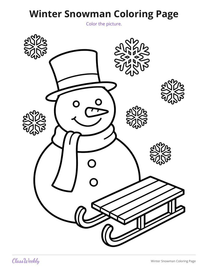 Winter Snowman Coloring Page - Kindergarten Coloring Pages printable preview
