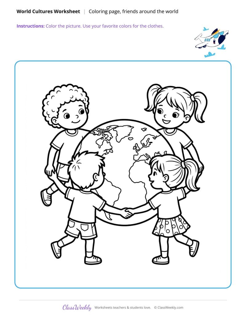 Friends Around the World Coloring Page - Diversity & World Cultures - Kindergarten Coloring Pages printable preview