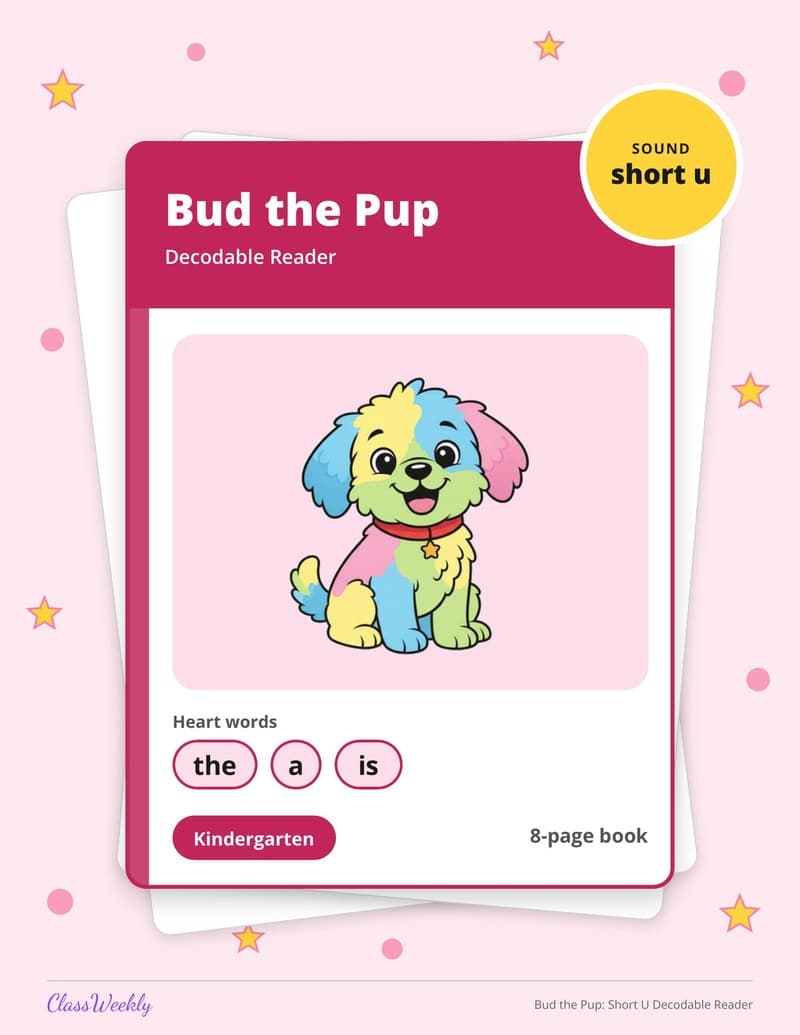 Bud the Pup: Short U Decodable Reader - Kindergarten Decodable Readers printable preview