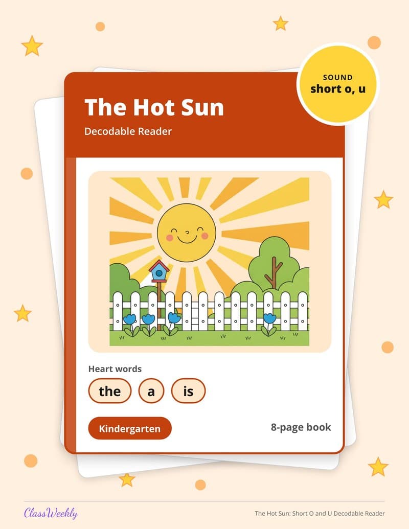 The Hot Sun: Short O and U Decodable Reader - Kindergarten Decodable Readers printable preview