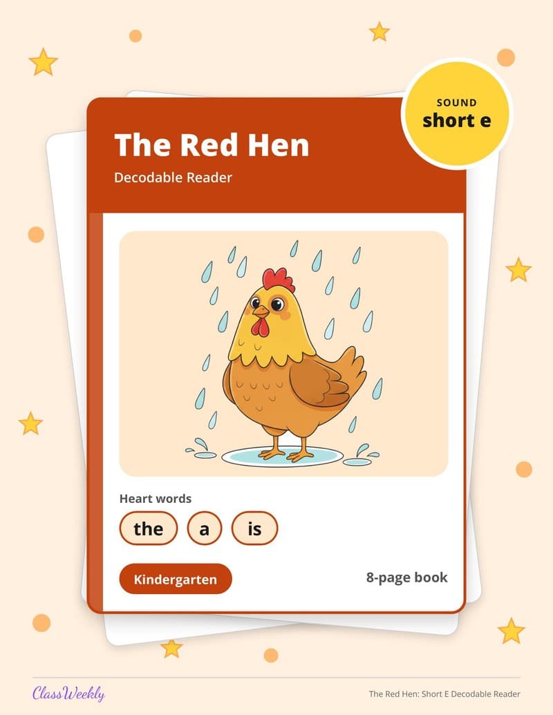The Red Hen: Short E Decodable Reader - Kindergarten Decodable Readers printable preview
