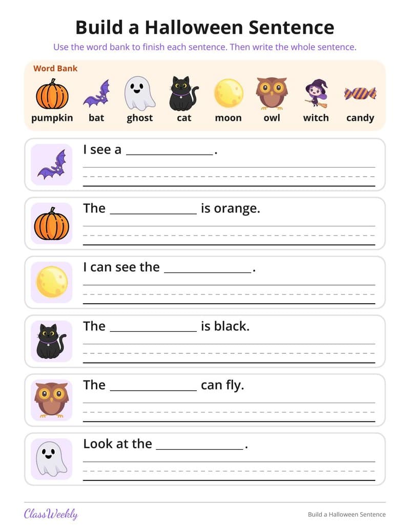 Build a Halloween Sentence for English Learners - Kindergarten ELL Resources printable preview