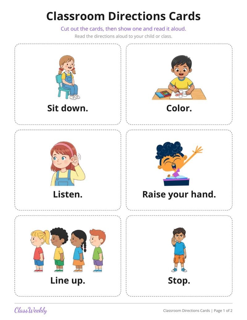 Classroom Directions Picture Cards - 1st Grade ELL Resources worksheet preview