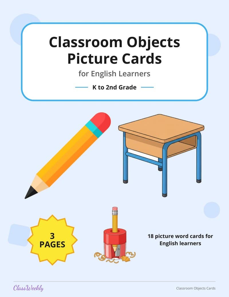Classroom Objects Picture Cards for English Learners - 2nd Grade ELL Resources printable preview