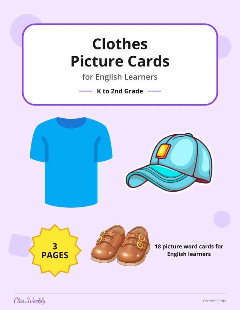 Clothes Picture Cards for English Learners - 2nd Grade ELL Resources printable preview
