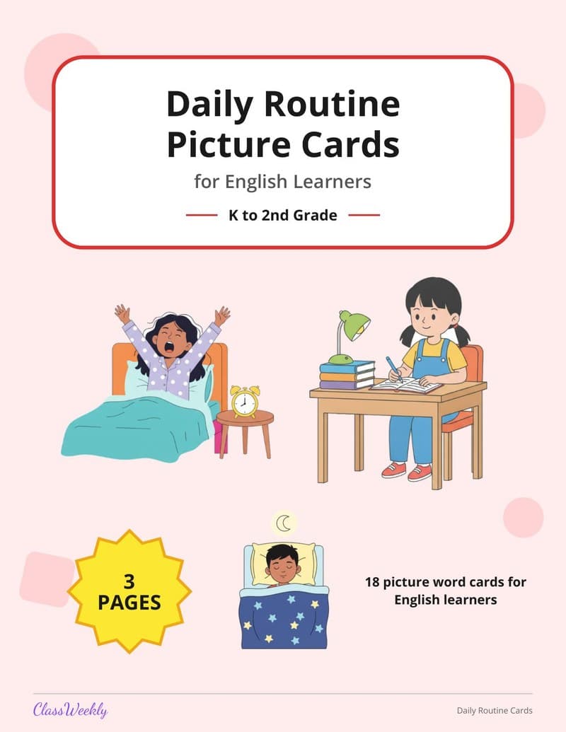 Daily Routine Picture Cards for English Learners - Kindergarten ELL Resources worksheet preview