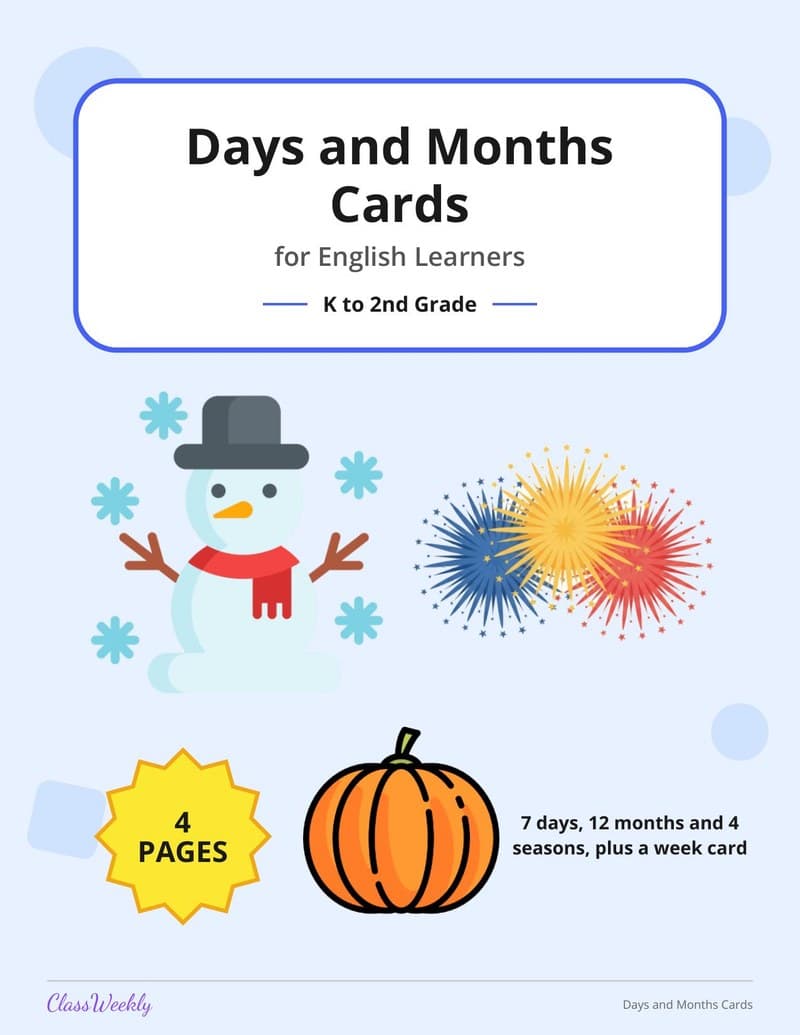 Days and Months Cards for English Learners - Kindergarten ELL Resources printable preview