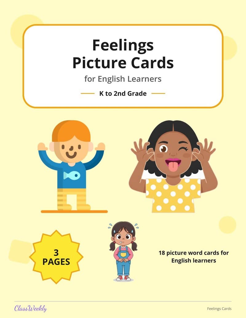 Feelings Picture Cards for English Learners - Kindergarten ELL Resources printable preview