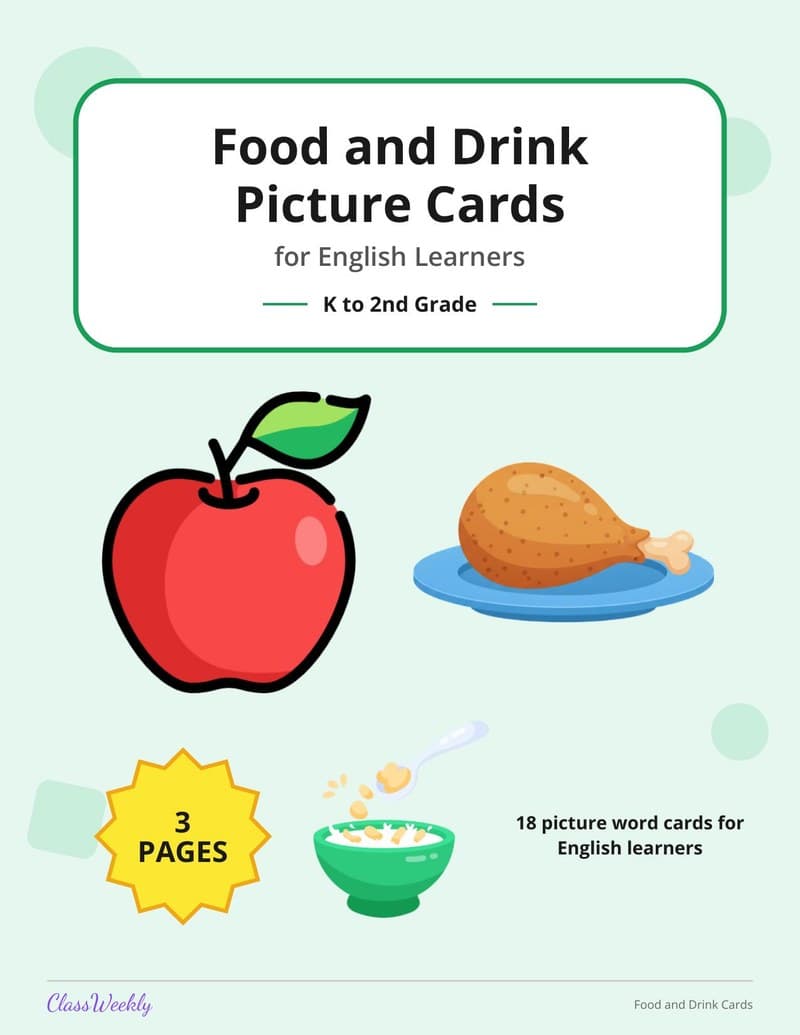 Food and Drink Picture Cards for English Learners - 1st Grade ELL Resources worksheet preview