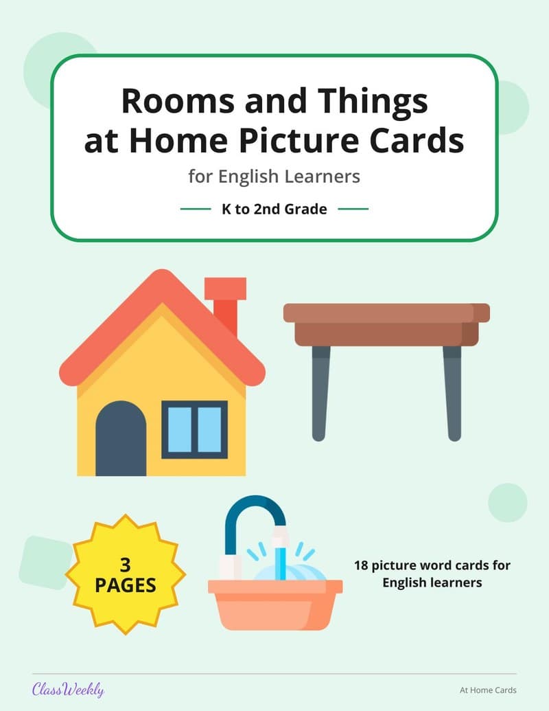 Rooms and Things at Home Picture Cards for English Learners - 2nd Grade ELL Resources printable preview
