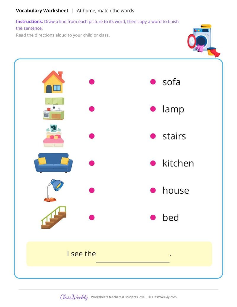 Match the Words: At Home - Kindergarten ELL Resources printable preview