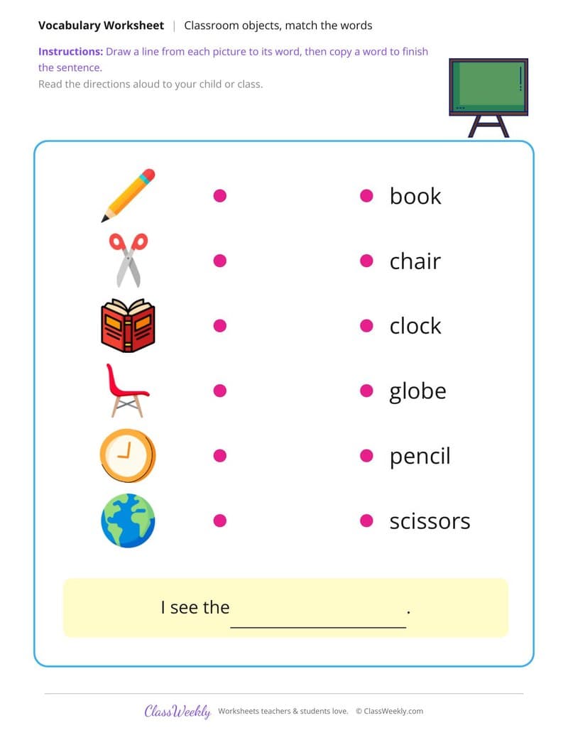 Match the Words: Classroom Objects - Kindergarten ELL Resources worksheet preview