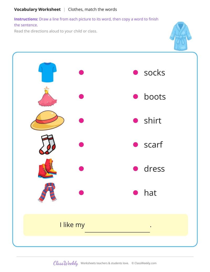 Match the Words: Clothes - Kindergarten ELL Resources worksheet preview