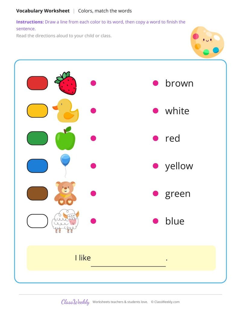 Match the Words: Colors - Kindergarten ELL Resources printable preview