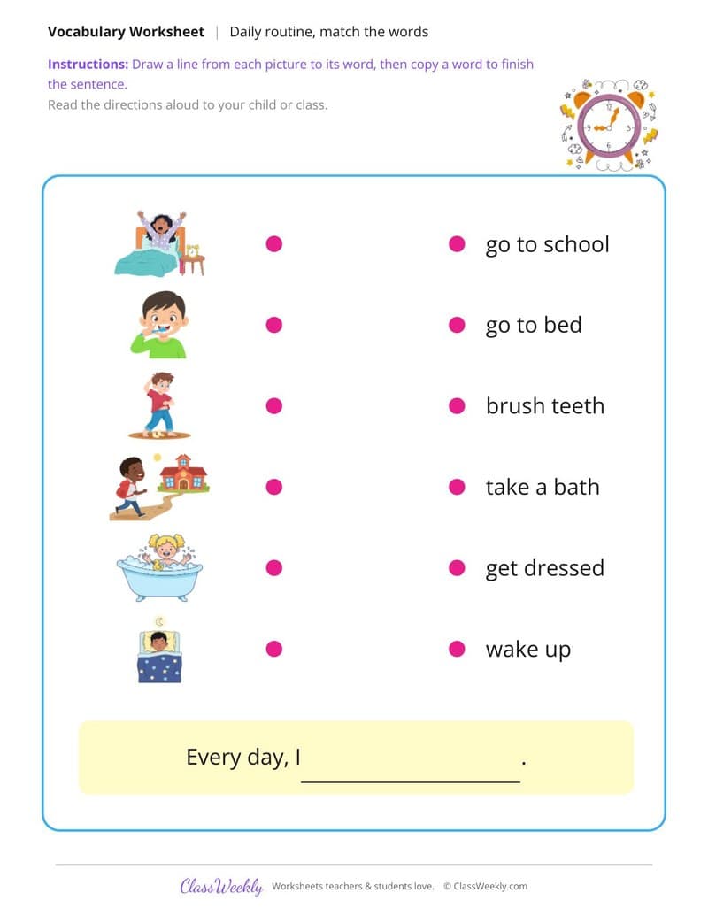 Match the Words: Daily Routine - Kindergarten ELL Resources printable preview