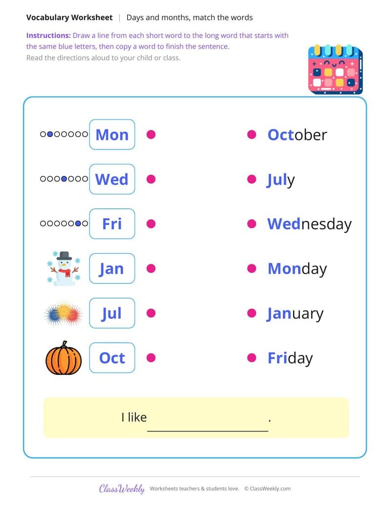 Match the Words: Days and Months - 1st Grade ELL Resources worksheet preview