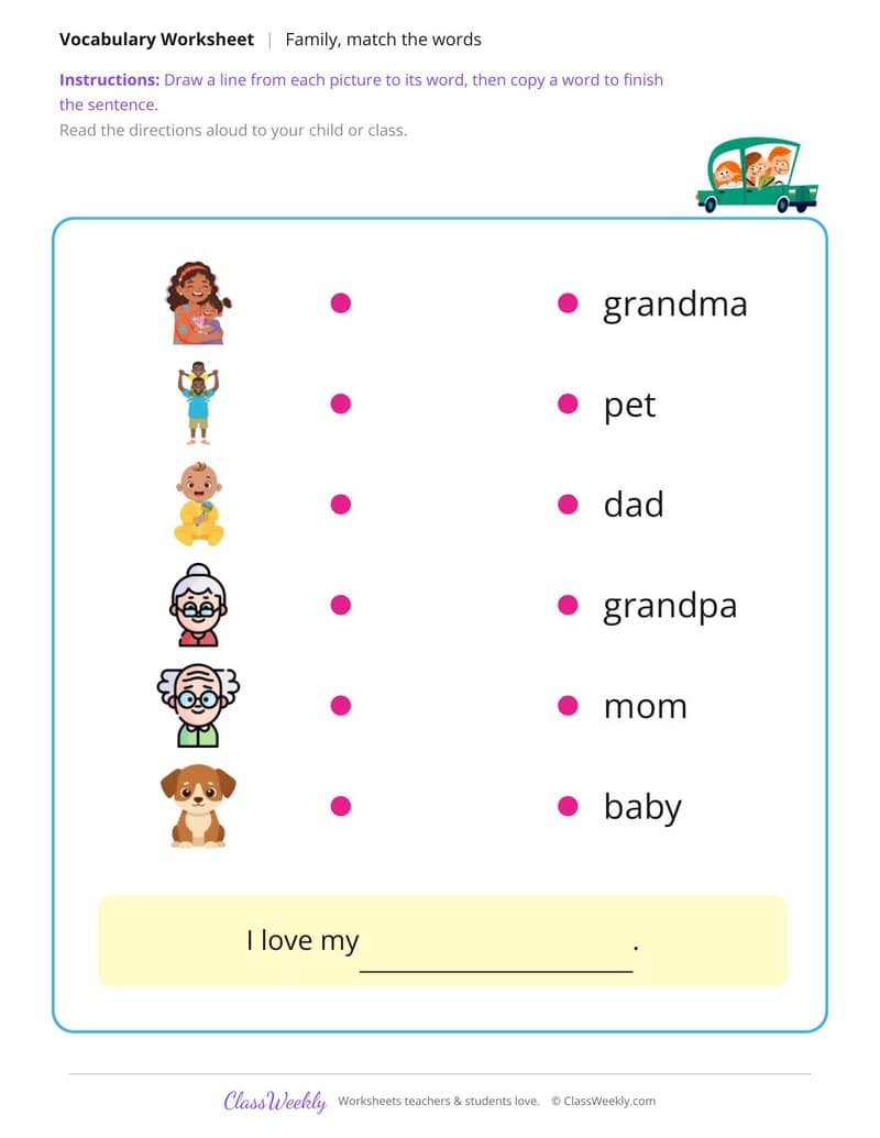 Match the Words: Family - Kindergarten ELL Resources worksheet preview