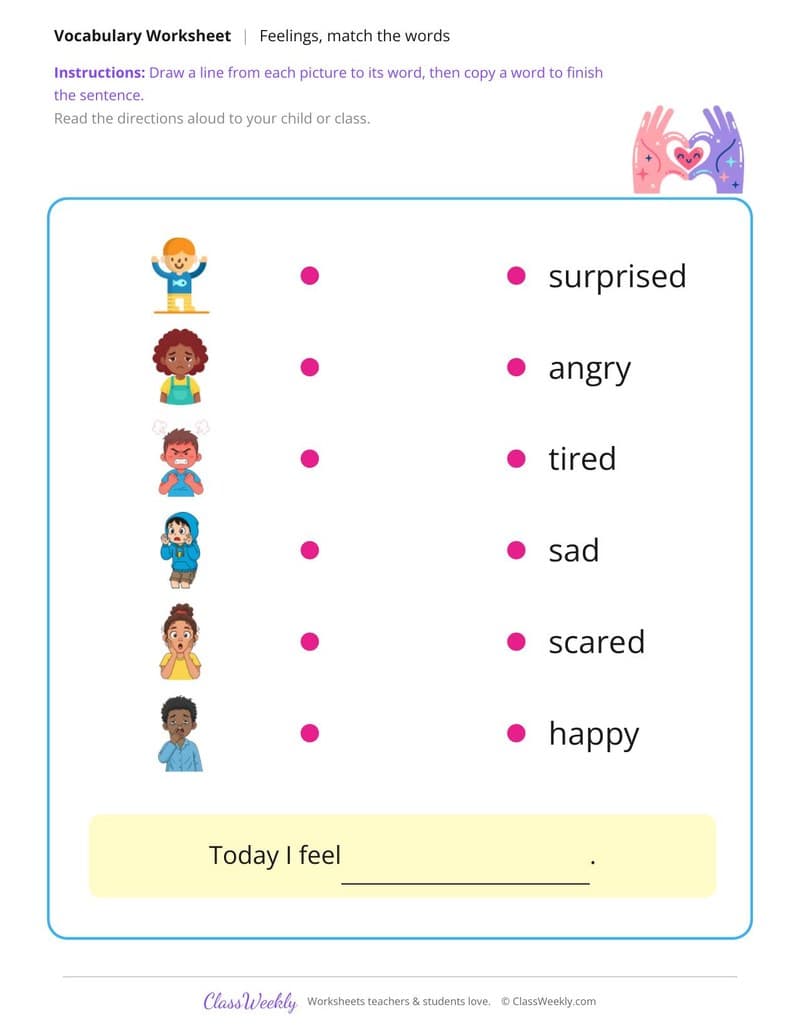 Match the Words: Feelings - Kindergarten ELL Resources worksheet preview