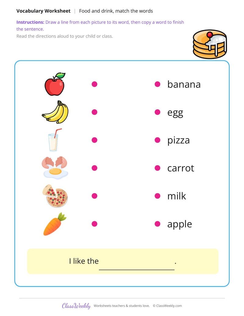 Match the Words: Food and Drink - Kindergarten ELL Resources worksheet preview