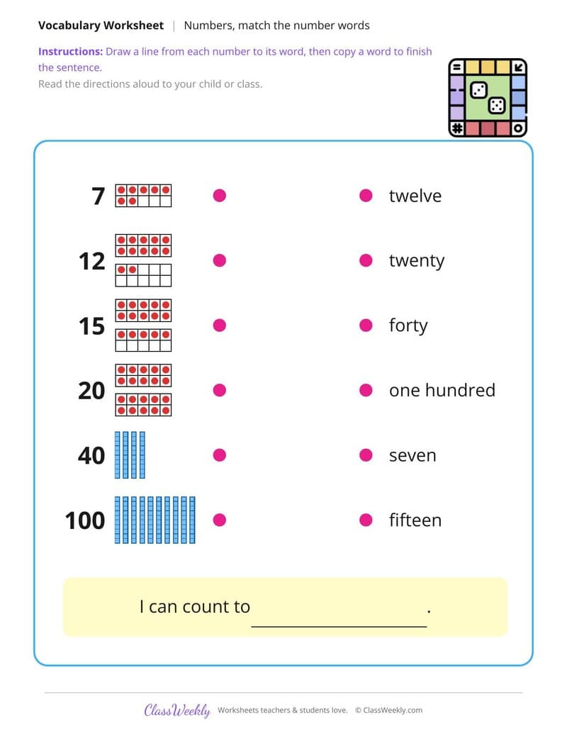Match the Words: Numbers 1 to 100 - Kindergarten ELL Resources worksheet preview