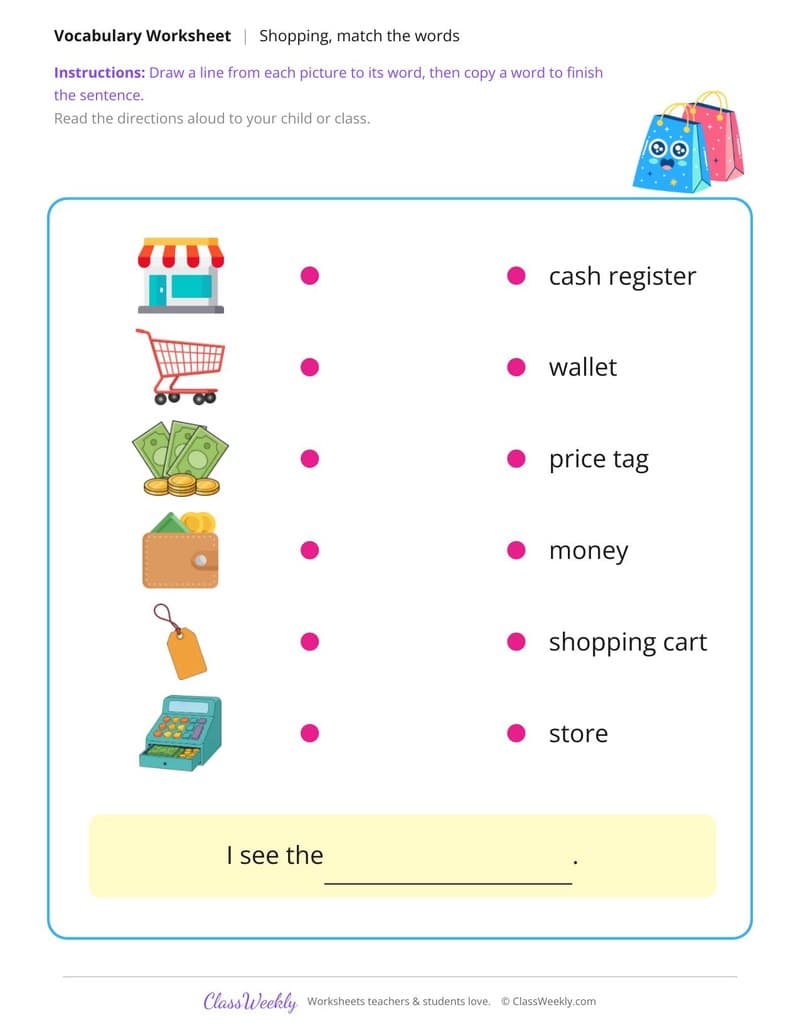Match the Words: Shopping - Kindergarten ELL Resources worksheet preview