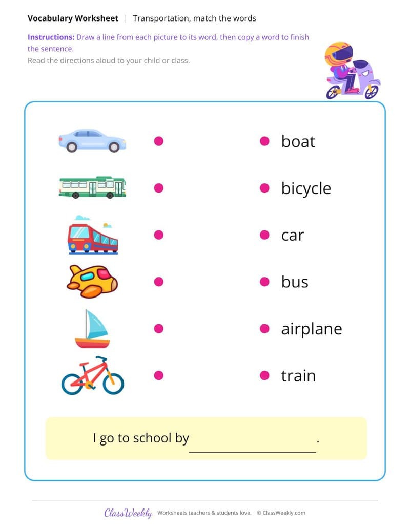 Match the Words: Transportation - Kindergarten ELL Resources printable preview