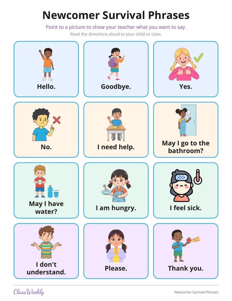 Newcomer Survival Phrases Mat - Kindergarten ELL Resources printable preview