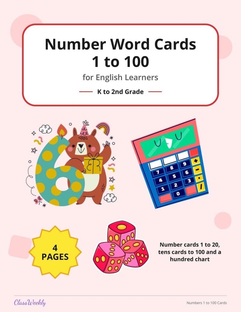 Number Word Cards 1 to 100 for English Learners - 2nd Grade ELL Resources printable preview