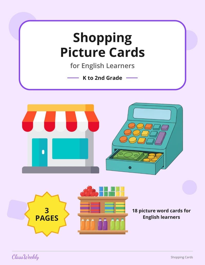 Shopping Picture Cards for English Learners - Kindergarten ELL Resources worksheet preview