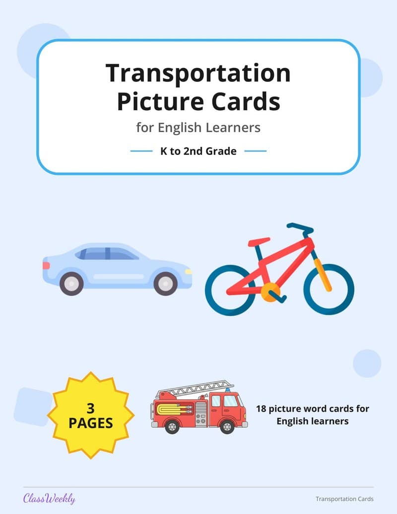 Transportation Picture Cards for English Learners - Kindergarten ELL Resources worksheet preview
