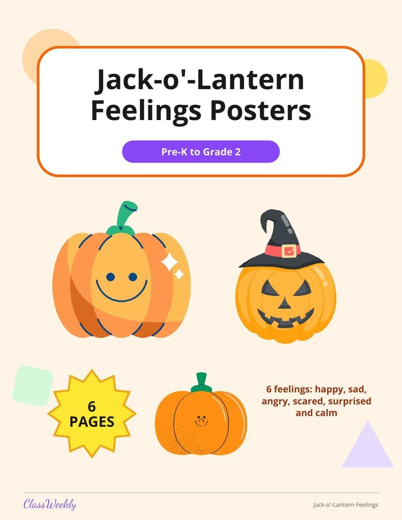 Jack-o'-Lantern Feelings Posters - 1st Grade Emotions worksheet preview