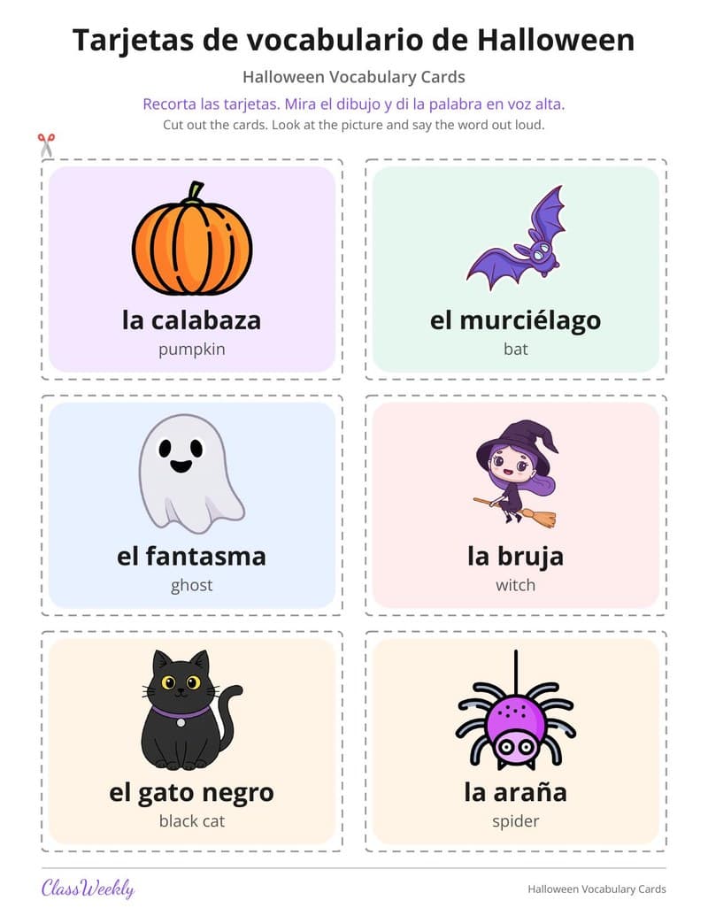 Spanish Halloween Vocabulary Cards (Tarjetas de vocabulario) - Kindergarten worksheet preview
