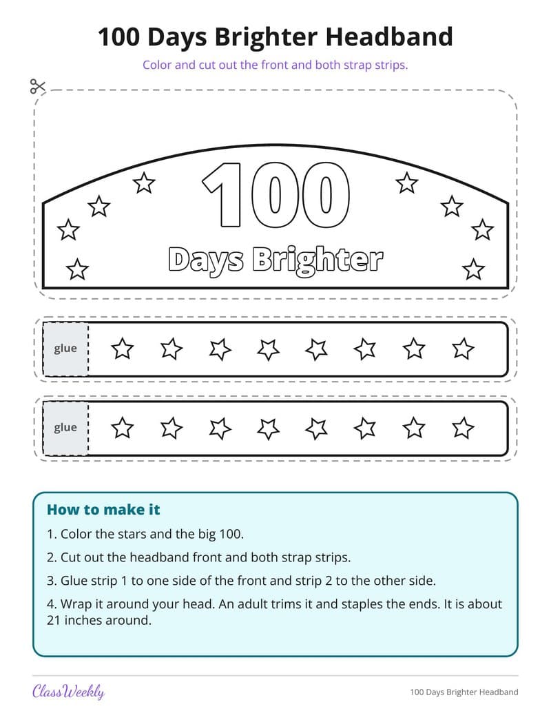 100 Days Brighter Headband - 2nd Grade Holiday Activities printable preview