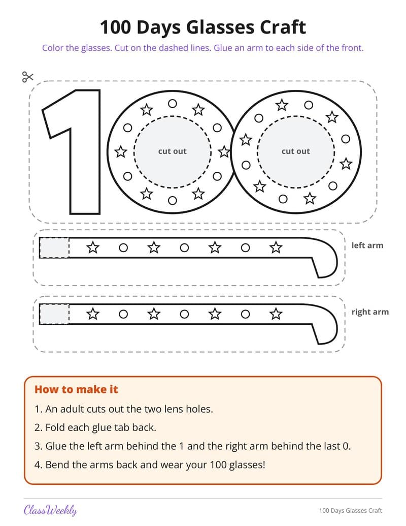 100 Days Glasses Craft - 2nd Grade Holiday Activities printable preview