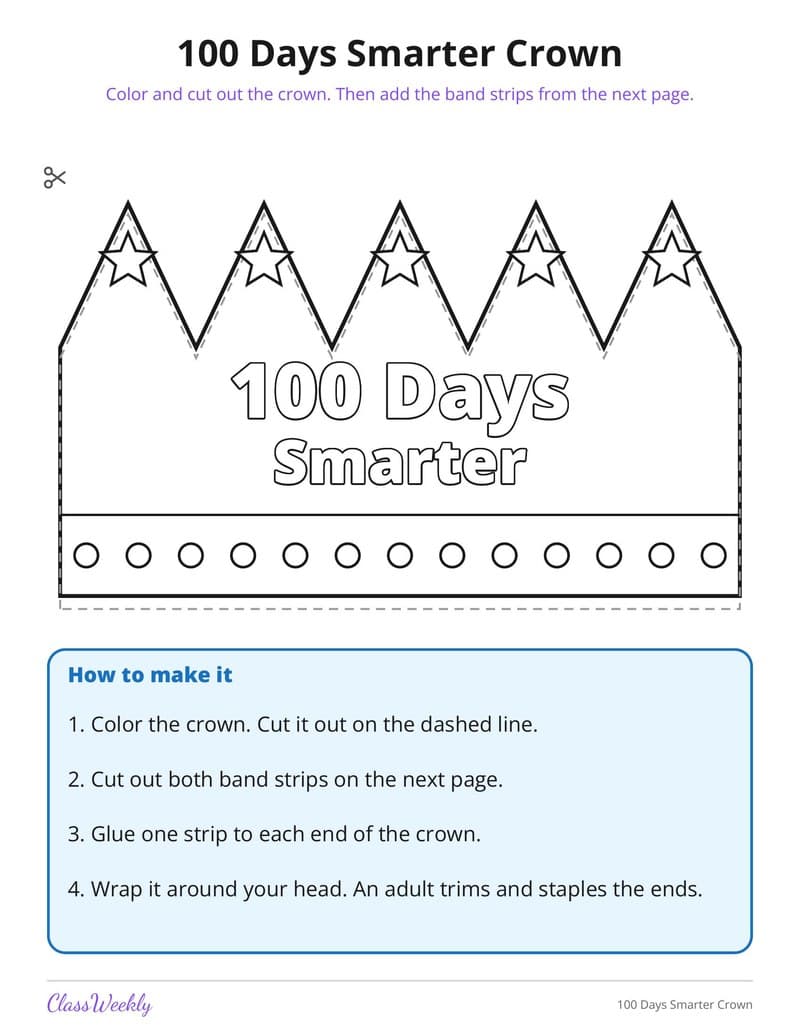 100 Days Smarter Crown - 2nd Grade Holiday Activities printable preview