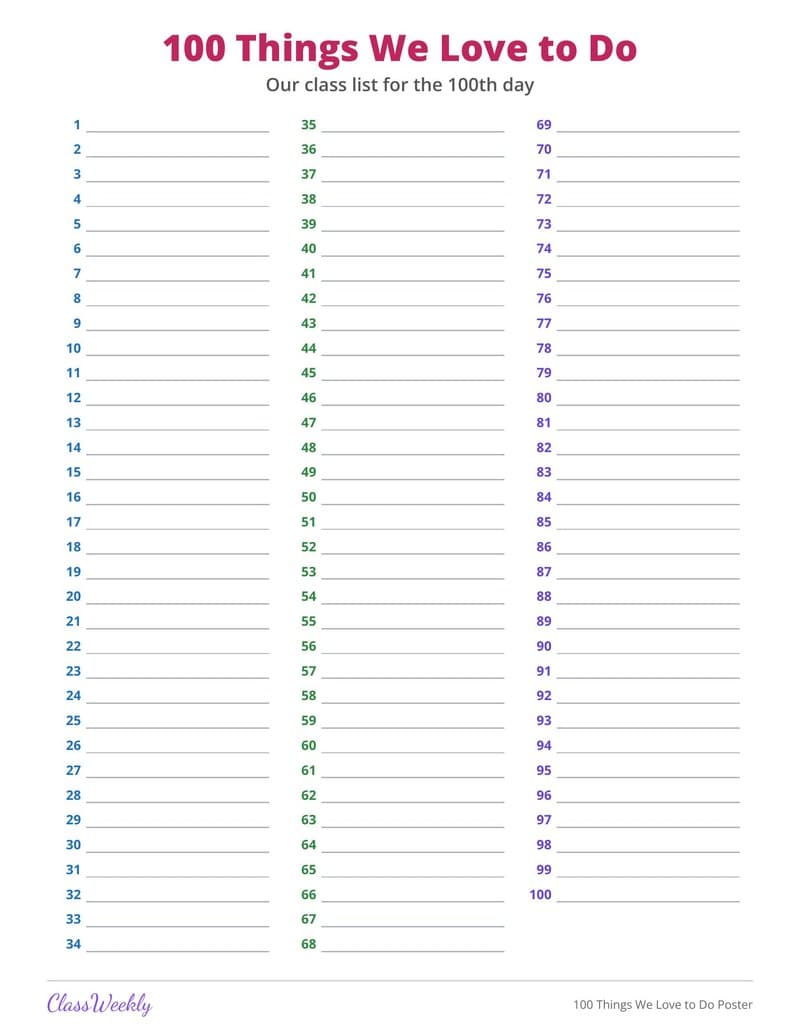 100 Things We Love to Do Poster - 3rd Grade Holiday Activities printable preview