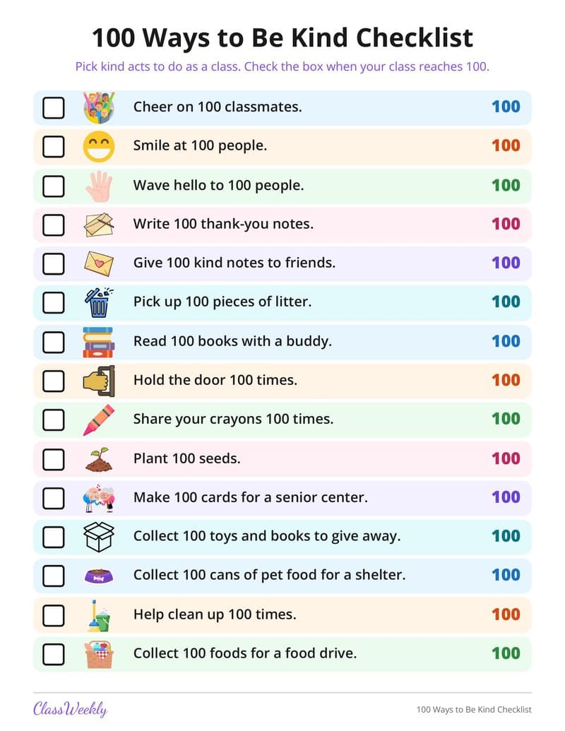 100 Ways to Be Kind Checklist - 3rd Grade Holiday Activities printable preview
