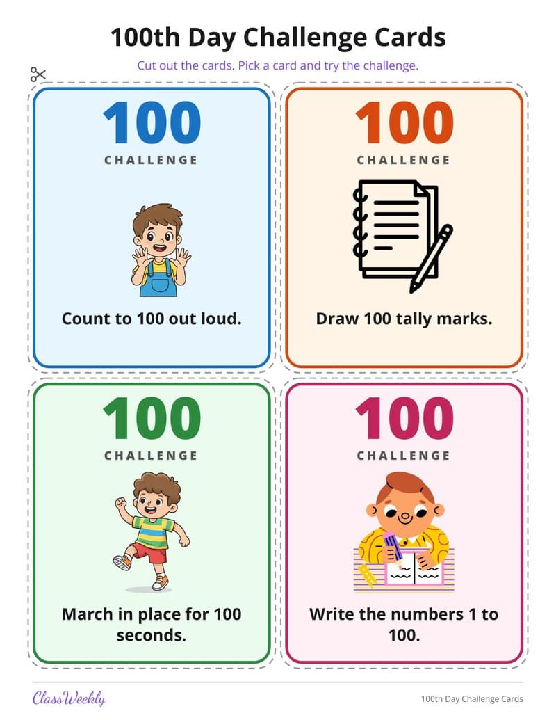 100th Day Challenge Cards - 2nd Grade Holiday Activities printable preview