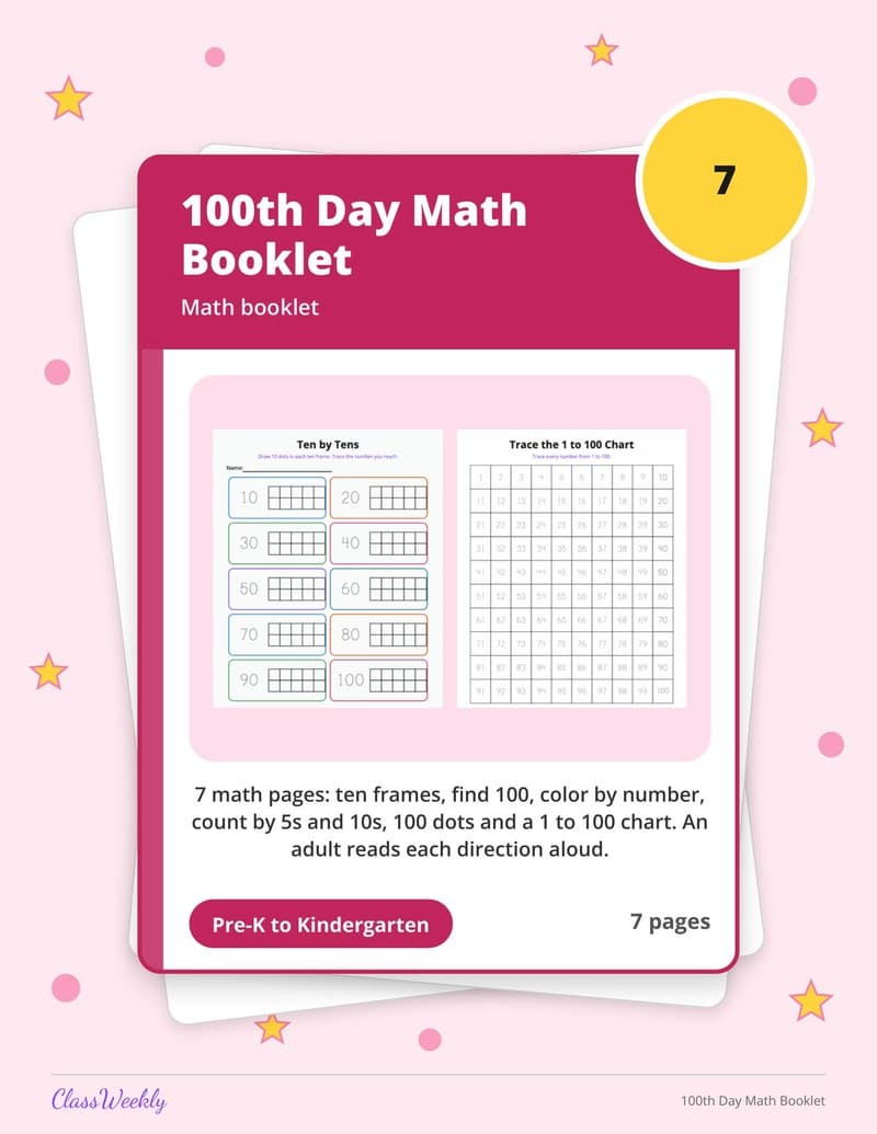 100th Day Math Booklet - Kindergarten Holiday Activities printable preview