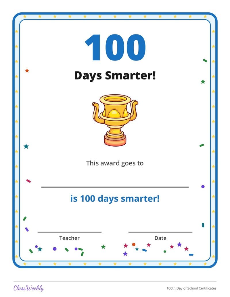 100th Day of School Certificates - 2nd Grade Holiday Activities printable preview