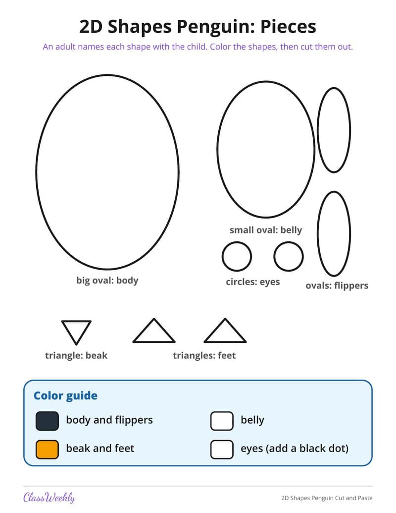 2D Shapes Penguin Cut and Paste - Kindergarten Holiday Activities printable preview