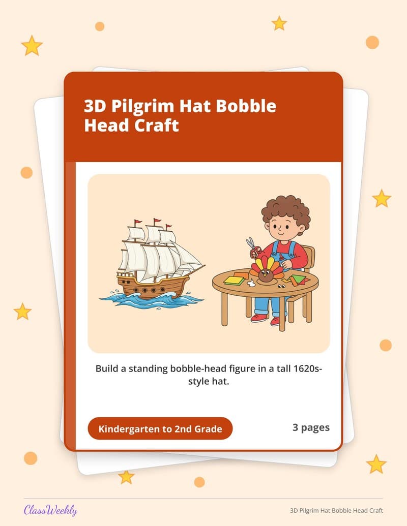3D Pilgrim Hat Bobble Head Craft - 2nd Grade Holiday Activities printable preview